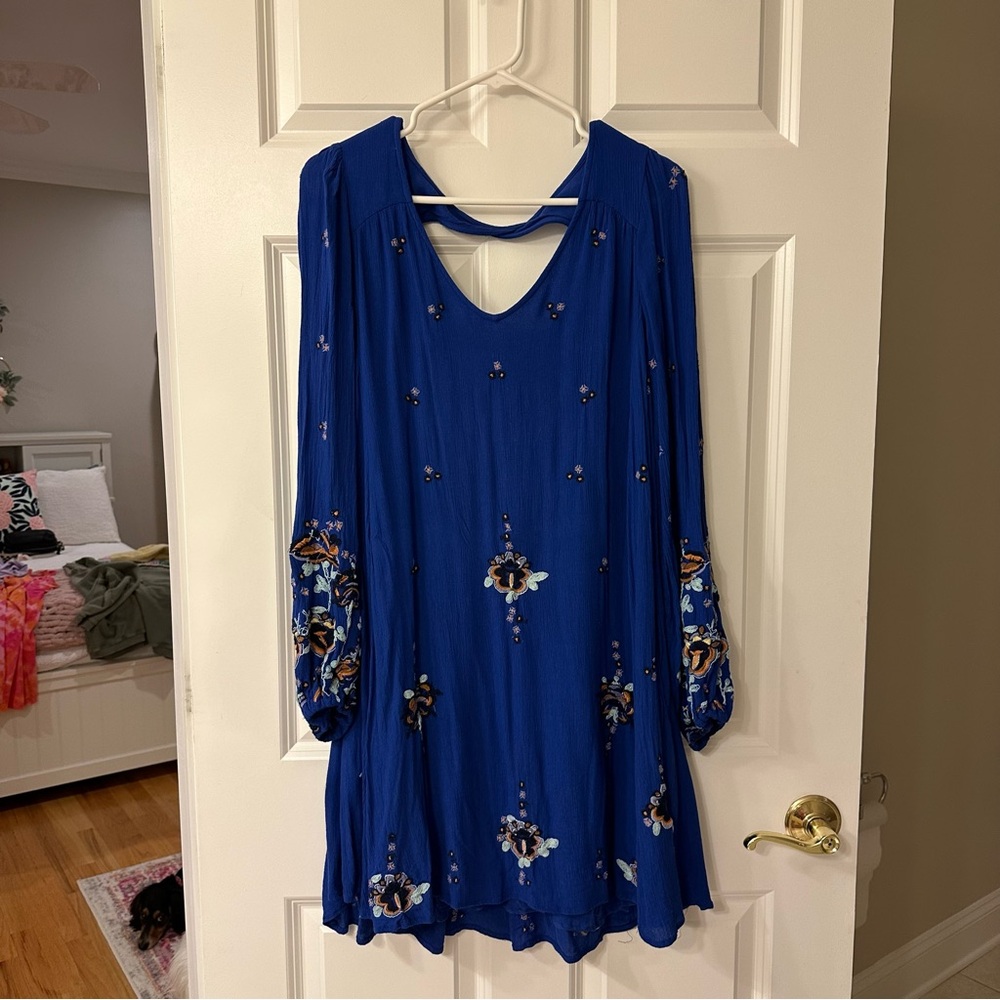 Free People Cobalt Blue Floral embroidered long sleeve dress